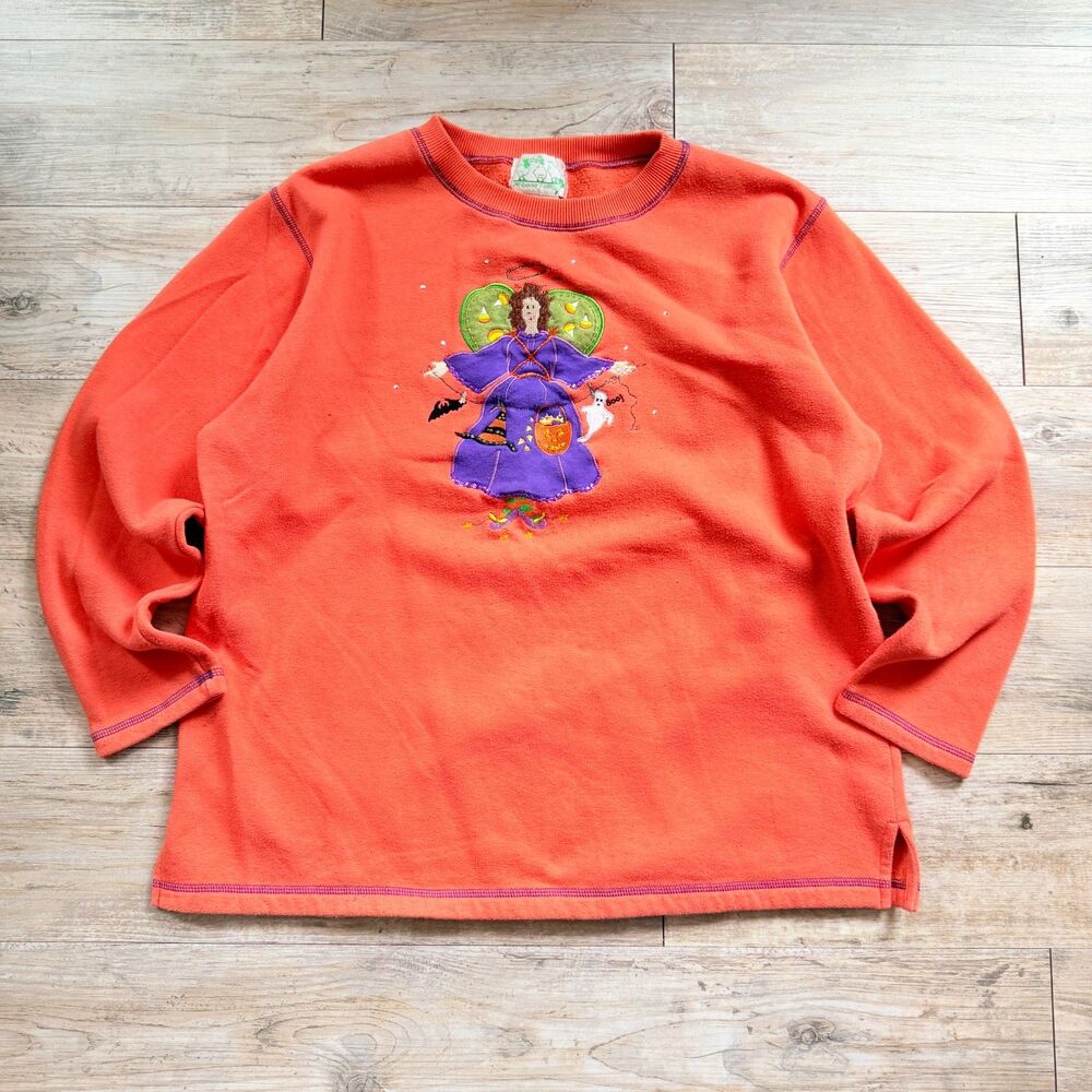 Vintage Halloween Witch Sweatshirt Quacker Factory Orange Purple Ghost Bat L